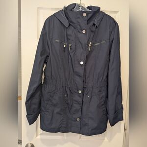 Mackintosh Jacket Woman Sz XL Navy Blue Hood Pockets Travel Utility Long Anorak